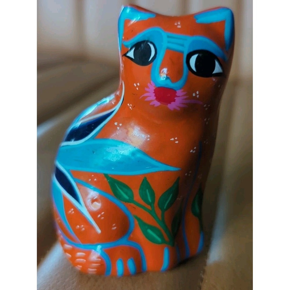 Mexican Talavera Pottery Hand-painted Cat Figurine Statue Painted Orange Bird